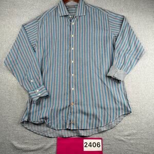 Thomas Dean Shirt Blue Gray Striped Button Up Long Sleeve Mens 2XL